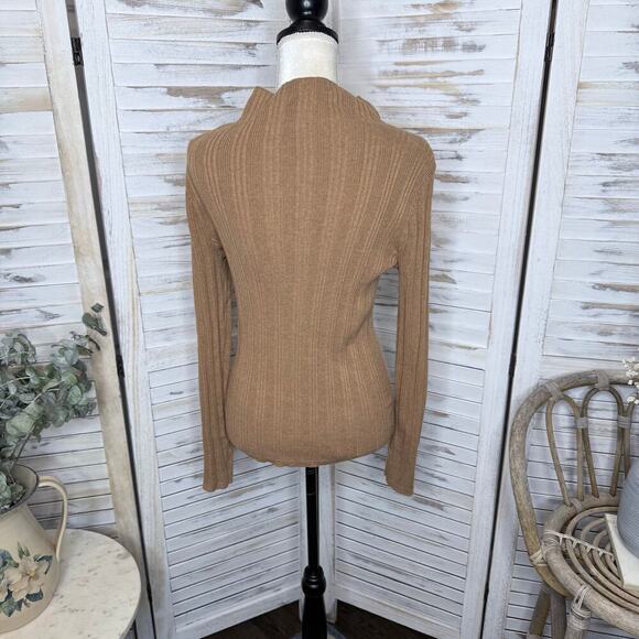 MADEWELL Women's Leaton M Lightweight Ribbed Mock Sweater Heather Caramel Brown - Picture 13 of 15